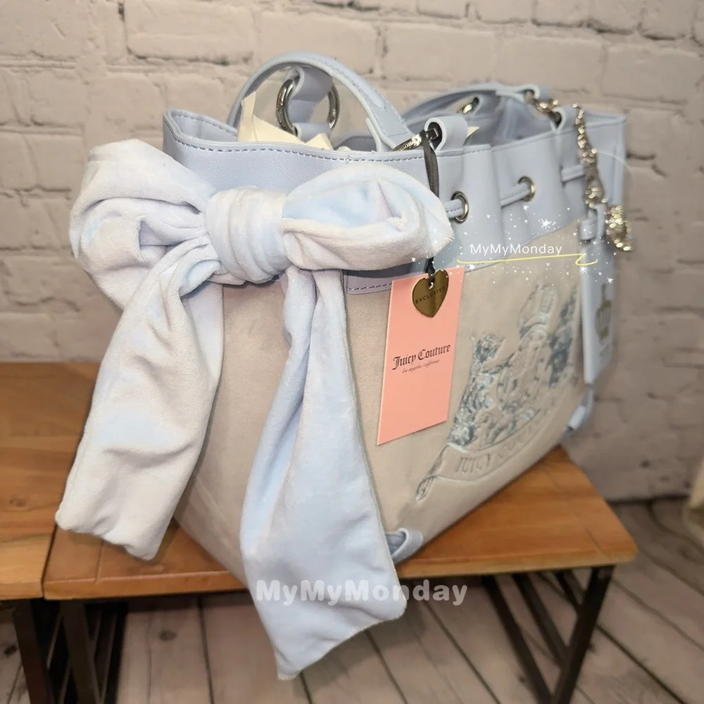 Juicy Couture Classic Scottie Dogs Daydreamer Tote Bag Purse Dove Gray Blue - Picture 4 of 6